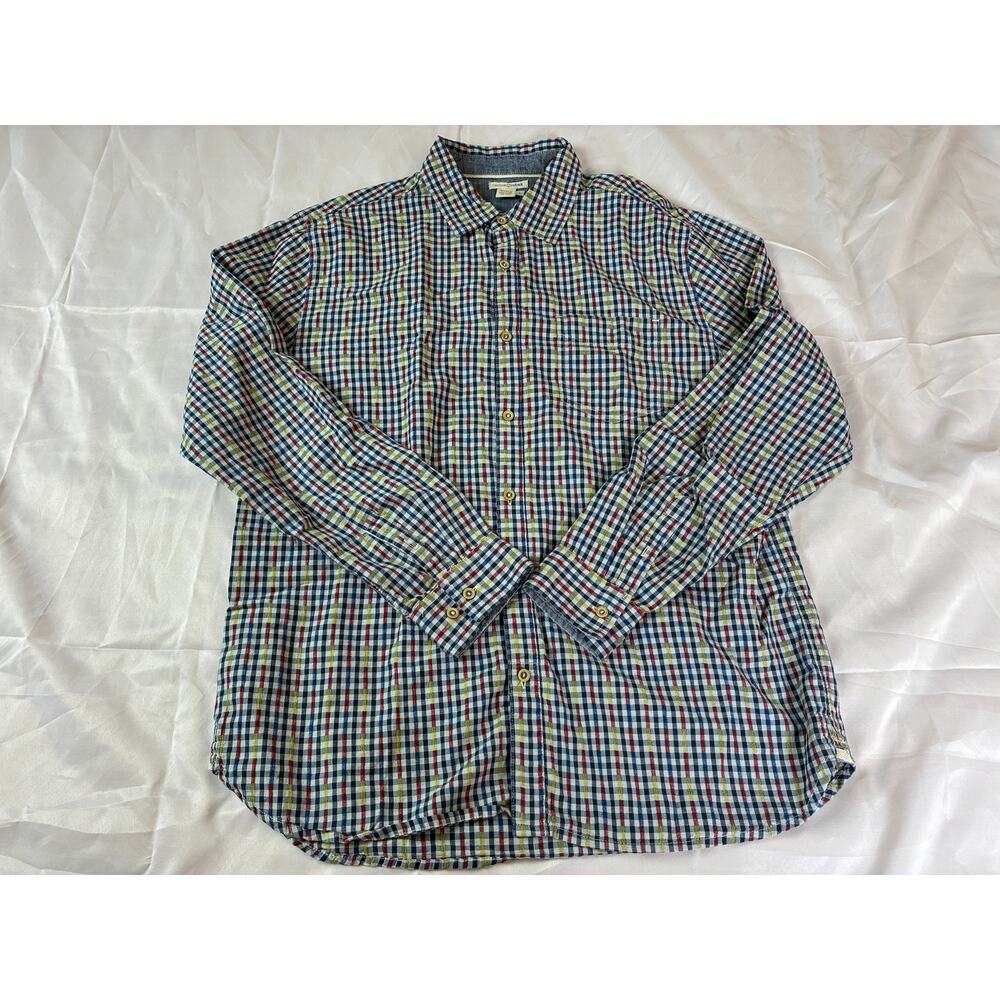 Carbon 2 Cobalt Mens Large Plaid Button Down Shirt Navy Red Yellow Long Sleeve